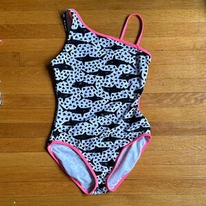 Art Class Girls One-Piece Swimsuit - Black and White Sharks with Pink Trim